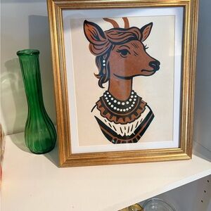 Framed Deer Portrait Art with Gold Frame